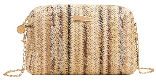 BKEPDY Sac de Plage Femme à Main Bandoulière Pochette Tissée Rayée Multicolore Sac Cabas Été Paille Ceremonie Mariage Soirée avec Chaîne Dorée
