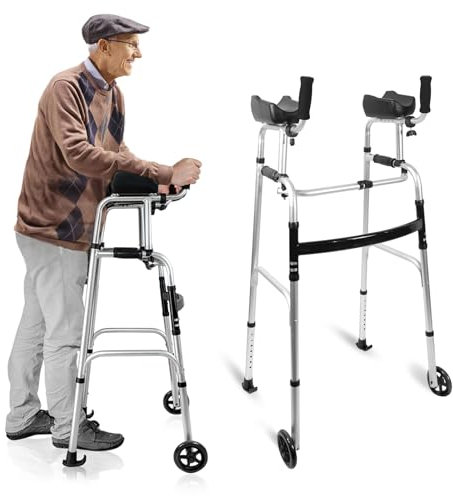 Stand Up Walker for Seniors & Elderly with 6(15CM) Bearing Wheels - Dual Mode Platform Walker,Height Adjustable Frame with Arm Support&Storage Bag, Foldable Lightweight Aluminum Upright Mobility Aid