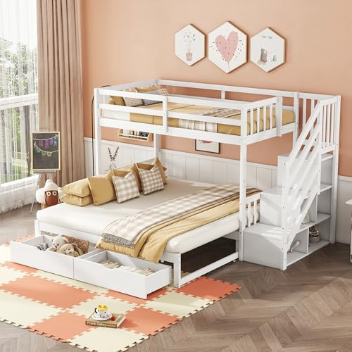 Etagenbett 90 x 200 mit Ausziehbett, Hochbett mit Zwei Schubladen und Speicherbare Schritte, Kinderbett mit Lattenrost und Rausfallschutz, Bettgestell aus Kiefernholz für Kinder und Jugendliche, Weiß