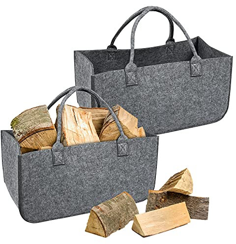 FIVMEN 2 Stück Filztasche Faltbar Filzkorb Holzkorb mit Griffen Kaminholzkorb Brennholzkorb Shopper für Kaminholz Brennholz, 50x25x25 cm, Mittelgrau