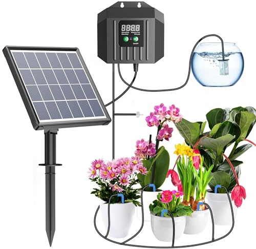 Biling 2.5W Solar Drip Irrigation System for 15-20 Pot Balcony Garden Plant | 2200mAh Battery, 168 Modes, 400ml/min, 15M Hose, IP68 Solar Self Watering System for Holiday Feeds Garden Greenhouse Plants