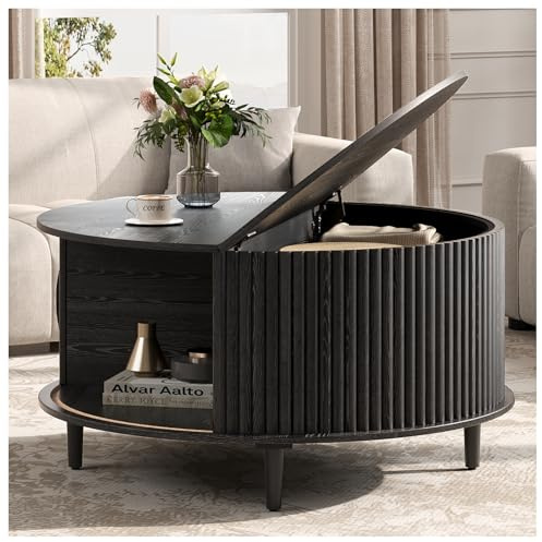 JOINICE,Black Round Coffee Table with Storage, 31.5 Fluted Center Table with Sliding Door, Modern Circle Drum Accent Table for Living Room, Sleek Wood Furniture for Small Spaces & Apartments