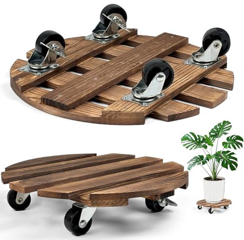 RUHUHUR 2 Pack Wooden Plant Caddy with Wheels,30cm Round Rolling Plant Stand with Metal Lockable Caster Wheels,Heavy Duty Mobile Plant Holder Plant Dolly for Indoor Outdoor Garden Decor