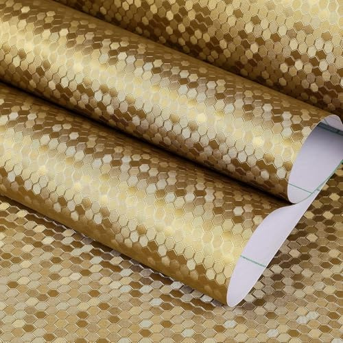 FunStick Honeycomb Geometric Metal Effect Wallpaper Gold Brown Dining Table Vinyl Wrap for Kitchen Cupboards Dishwashers Textured Metallic Self Adhesive Wallpaper Kitchen Splashbacks for Walls 40CM×2M