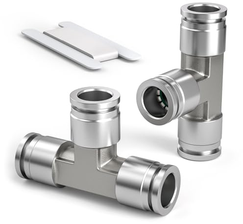 Bwintech 2 Stück 10mm 3-Wege-T-Stück mit Steckanschluss für Pneumatik, 3-Wege-Edelstahl-Schnellverschluss für PE-Luftleitungen Adapter