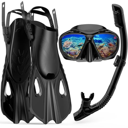 Mask Fin Snorkel Set, Travel Size Snorkeling Gear for Adults with Panoramic View Anti-Fog Mask, Fins, Dry Top Snorkel for Swimming Training, Snorkeling Kit Diving Packages (Black, S/M)