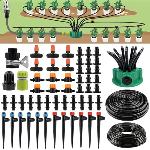 150FT Automatic Drip Irrigation Kit with Lawn Sprinkler, Kalolary 1/4 1/2 Garden Watering System with 4/7mm 16mm Tube Locked Drip Irrigation Emitter Fittings Adjustable Sprinkler System for Outdoor