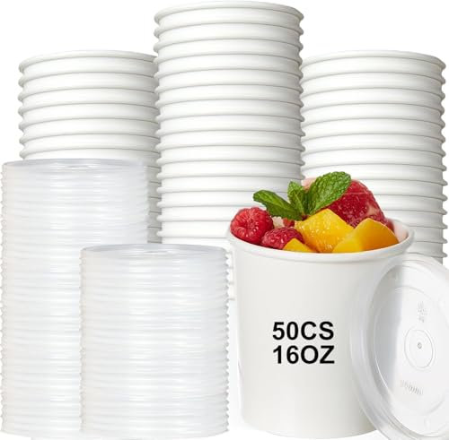 Bhina 50 Piezas Vasos de Papel para Sopa con Tapa, 460ml Vasos de Papel para Helado, Contenedores de Sopa de Paper, Taza Compostable Cuenco Cartón Kraft para Frutas Postre Aperitivos (Tapa PP)