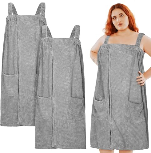 Tigeen 2 Stück Übergröße, Handtuch für Damen, Badetuch, Kleid, Frottee, Spa, Bademantel mit Riemen, verstellbarer Verschluss, Grau, Einheitsgröße