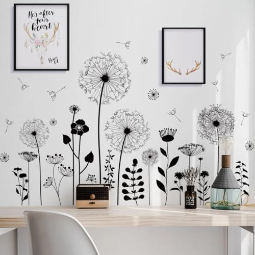 WandSticker4U®- Wandtattoo PUSTEBLUMEN Schwarz (72x59 cm) I Wandsticker Wohnzimmer modern Pflanzen Blumen Löwenzahn Schmetterlinge I Wand Deko für Schlafzimmer Küche Flur Bad