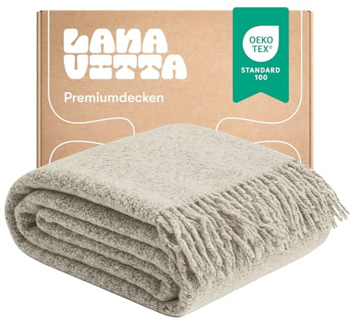 Lanavitta – Bouclé Wolldecke „Premium“ – Kuschelige Tagesdecke & Plaid – Sofadecke, Couchdecke, Bettüberwurf & Sesseldecke – 80% Wolle, 20% Polyester – Elfenbein – 140x200 cm