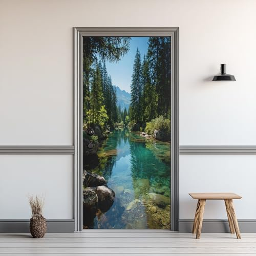 Türaufkleber Wald, Türtapete Selbstklebend Berge See Naturlandschaft, Wasserdicht Abnehmbare PVC Türposter, 100 x 200cm Türfolie Wandtattoo Deko Für Schlafzimmer Küc Innentür