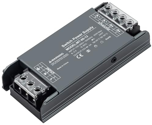Muzveik Transformateur 220V 12V, Alimentation 60W 5A, Driver LED Plat et Compact, Adaptateur pour Ruban LED, Spots et Éclairage Intérieur