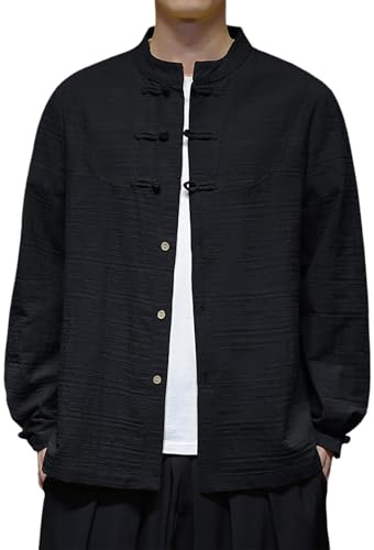 Bauzuoyo Camisa de hombre tradicional de artes marciales Kung Fu Uniforme Japonés Kimono Chaqueta de manga larga de estilo chino retro traje tang traje algodón botón abajo Fisherman camisa, Negro , L