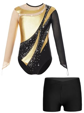 Sinleey 2-teiliges Gymnastikset Mädchen Turnanzug Langarm Glitzer Gymnastikanzug Gymnastik Trikot Leotard mit Hose Shorts