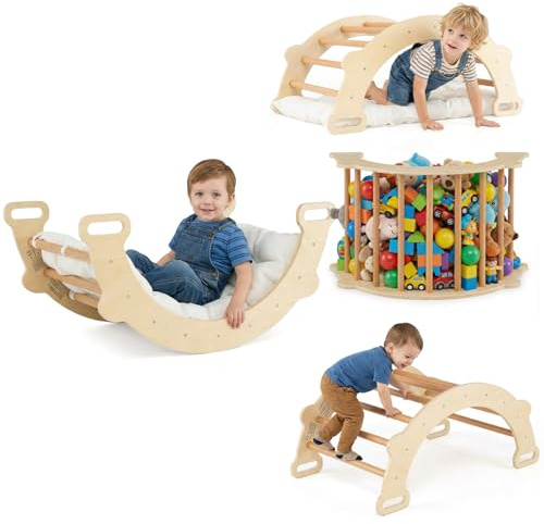 COSTWAY 3 en 1 Arche d’Escalade en Bois Enfant avec Coussin Moelleux, Arche à Bascule pour Grimper ou Se Reposer, Jouet d'arc d'escalade pour Chambre Salle de Jeux, Charge 30KG, 3 Ans+ (Naturel)