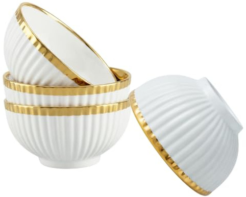 Thornwhisper 4 Stück,Keramikschüssel Weiß mit Goldrand,12,7cm(5 Zoll) Schalen 500ml,Müslischalen Reisschale Dessertschalen Suppenschalen,Frühstücksschalen,Keramikschale,Porzellanschüssel modern
