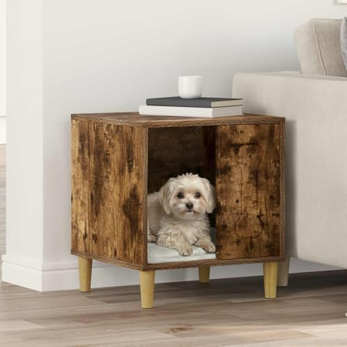 Mokuyary Hundhus rökt ek 44 x 42 x 49 cm ingenjörsträ kennel för hundar lätt att montera för utomhusbruk, trädgård, terrass