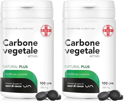 AIESI® Carbone Vegetale Attivo di grado alimentare in compresse da 500 mg (100 pezzi), Made in Italy (Confezione da 2)