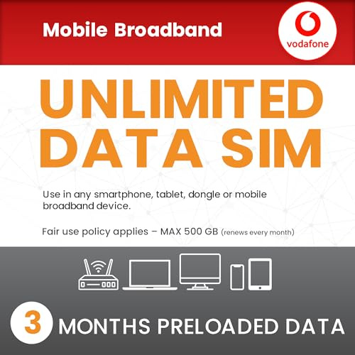 Vodafone Unlimited Data SIM Card UK – Preloaded Data SIM for Home Broadband Replacement, Routers & Mobile WiFi – No Contract, 3 Months plan