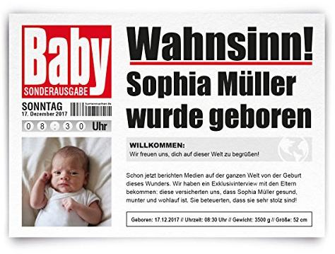 10 x Geburtskarten Geburt Babykarten individuell mit Foto Mädchen Junge als Zeitung