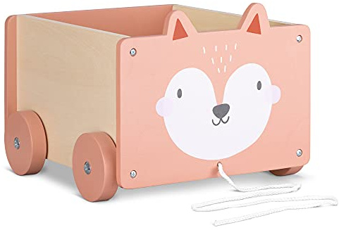 Navaris Kids Toy Box - Fox Wooden Chest for Childrens, Boys, Girls Toys with Wheels - Unisex Children Toys Games Bedroom Storage Trunk - Brown