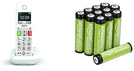 Gigaset E290 - Téléphone Fixe sans Fil Blanc avec Grand écran rétroéclairé, Larges Touches, Fonction Blocage D'appels & Amazon Basics Piles Rechargeables AAA, Pré-Chargées - Lot de 12