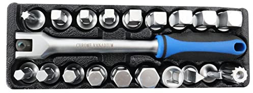 Toolzone 20pc Oil Drain Sump Plug Key Set Universal Hex Square Triangle 3/8 inch Drive