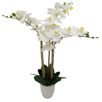 2474U Kunstpflanze Orchidee mit 3 Rispen ca. 21 Blüten 12 Knospen weiß ca. 66cm im Deko-Topf, Kunstblume naturgetreu