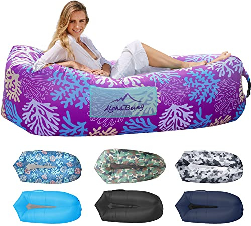 AlphaBeing Aufblasbare Liege, Luftsofa, tragbare aufblasbare Couch Mesh Hollow Air Hängematte Anti Leakage Air Chair für Outdoor Camping Strand Reisen Musik Festivals Hinterhof, Korallenviolett