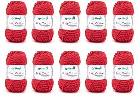 Gründl Wolle King Cotton Baumwolle 10 Knäuel 50 g, rot | dicke Wolle zum Stricken - Strickgarn - Häkelgarn - 55 % Polyacryl, 45 % Baumwolle - 50 g / 78 m - Nadelstärke 6-7
