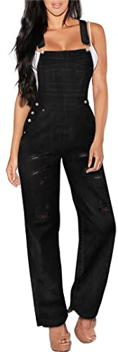 Hybrid & Company Womens Casual Destructed Adjustable Denim Jumpsuit Stretch Overalls Jeans Pants PVJ156999M BLACK RIPP L