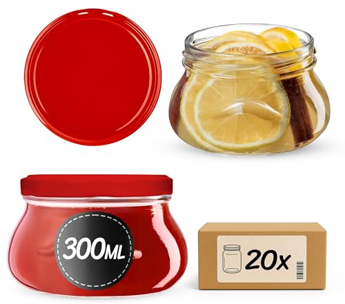 KADAX Lot de 20 petits bocaux de conservation 300 ml pour miel et épices, pots à confiture avec couvercle, hermétiques à offrir (rouge )