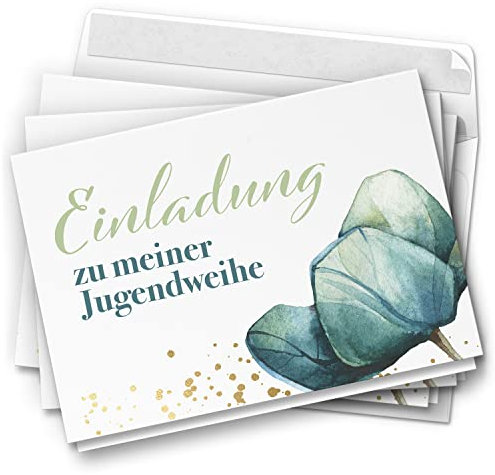 10 Jugendweihe Einladungskarten - Motiv Modern Edel Blätter - moderne Einladungen Klappkarten mit Umschlägen