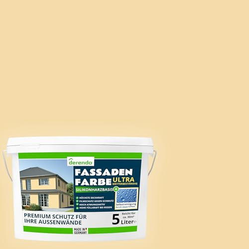 derendo Fassadenfarbe Gelb ULTRA Silikonharzfarbe Sandgelb aussen 5l | Für Putz Beton, Abperleffekt, wasserabweisend, UV-beständig, hohe Deckkraft, rissfüllend, diffusionsoffen, Made in Germany,