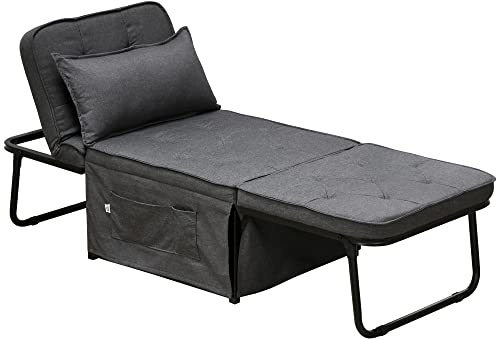 HOMCOM Folding Chair Bed, 4-in-1 Convertible Sleeper Chair with Adjustable Backrest, Pillow, Side Pockets, Armchair for Bedroom, Living Room, Charcoal Grey