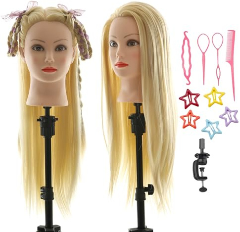 Testa per parrucchieri 26 Testina Parrucchiere Capelli 100% Sintetica Morbidi Testa per Acconciature Testa Parrucchiera con Staffa+ DIY Accessori