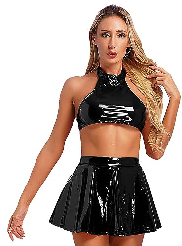 Agoky Dam sexig lack läder bh nackhållare rygglös behå och minikjol hög midja A-linje veckad kjol disco raver dans kostym klubbkläder S–4XL, Svart A, XL