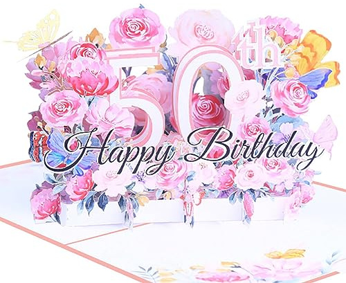 Geburtstagskarte zum 50. 3d blume pop up geburtstag karte Grußkarten Geschenk-Karte mit Umschlag Happy Birthday Greeting Card für fünfzig 50 jahre frau, Mütter, Freunden, Familie women wife (Rosa)