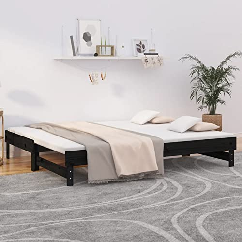 LAPOOH Tagesbett Ausziehbar, Daybed, Sofabett, Bettgestell, Bettrahmen, Betten, Schlafcouch, Schlafsofa, Bettsofa, Bettcouch, Schwarz 2X(80x200) cm Massivholz Kiefer