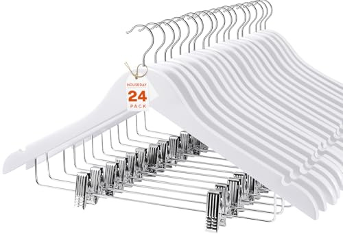HOUSE DAY Kleiderbügel aus Holz mit Clips, 24 Stück, Anzug- und Hosenbügel, Weiß | Robuste Holz-Kleiderbügel mit Drehhaken, verstellbare Metall-Clips, glatte Schultern für Mantel, Jeans, Hose, Kleid