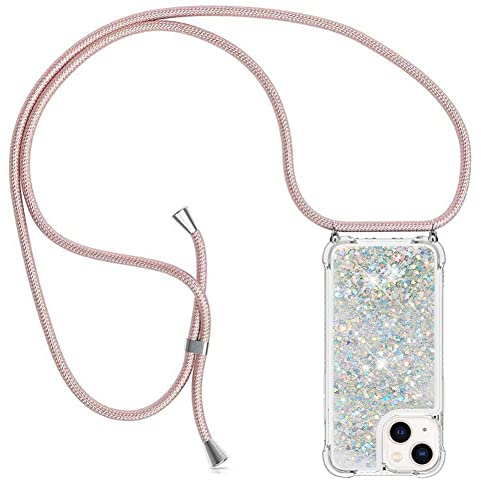 YuhooTech Handykette Hülle Kompatibel mit iPhone 15 Handyhülle Quicksand Glitzer Hülle mit Band - Silikon Handyhülle mit Kordel Umhängenband - Schnur mit Treibsand Case zum Umhängen