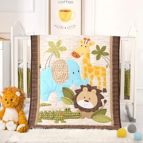 Wowelife Safari Crib Bedding Set, Mini Crib Bedding Set Boy 3-Piece Mini Crib Comforter Set, Nursery Bedding Sets for Boys Include Crib Comforter, Skirt and Sheet, Brown