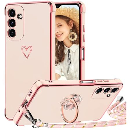 TVVTPU Handyband für Samsung Galaxy A25 5G Hülle mit Band, Herz Muster Handyhülle mit Ring Ständer Stoßfeste Kratzfest TPU Bumper Outdoor Schutzhülle Case mit Kordel zum Umhängen (Abnehmbar), Rosa
