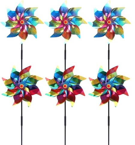 LEMONSTONE 6 Stück Windrad Vogelabwehr, Reflektierende Windräder, Windmühle Garten Balkon, Windrad Kinder für Balkon, Garten, Obstgarten, Hof, Dach, Regenbogen+Gestreifte