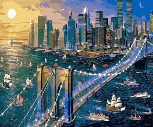 Malen Nach Zahlen Erwachsene New York City Bridge,DIY Ölmalerei Kits für Anfänger und Erwachsene,Leinwand Ölgemälde Set mit Pinsels und Farbe für Home Wand Dekoration Geschenk -ohne Rahmen 55x70cm
