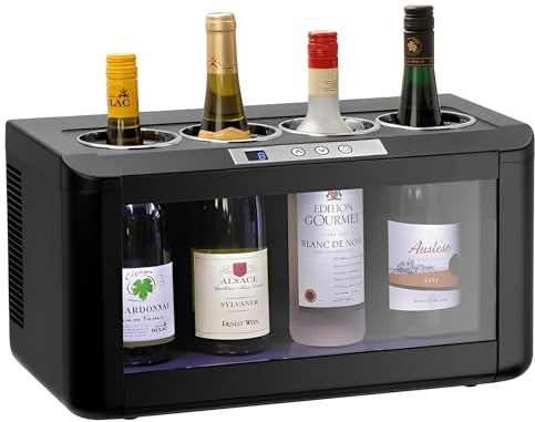 MBH - Enfriador de 4 botellas de vino eléctrico profesional de 5 °C a 18 °C con luz LED para hostelería. Cava de vino, vinoteca, frigorífico expositor sobre mostrador para 4 botellas de vino.