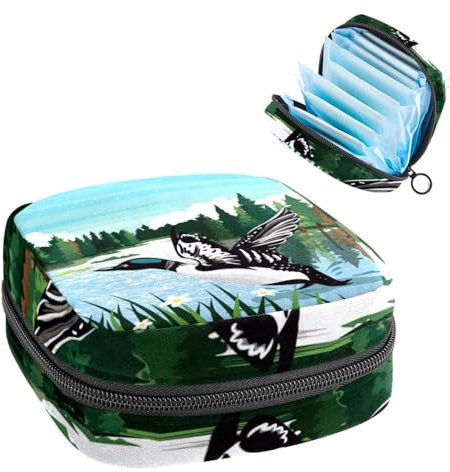 Damenbinden-Aufbewahrungsbeutel für Damen, große Kapazität, Menstruationseinlagen-Tasche, Vogelpflanzen-Muster, Menstruationstaschen, Tampon-Sammelhalter, Geldbörse