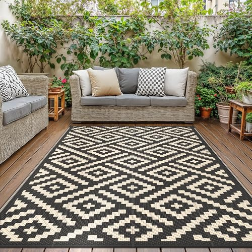 GENIMO Outdoor Teppich Wetterfest 150x240cm Plastik-Strohhalm Matte | UV-bestandig Camping Teppich Waschbarer Outdoor Teppiche fur Garten, Balkon,Pool, Deck, Hinterhof, Schwarz Beige