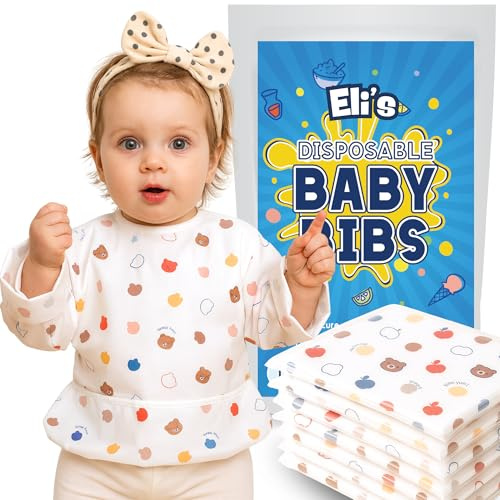 Eli with Love Disposable Bibs Individually Wrapped, Long Sleeve Bib with Crumb Catcher - Waterproof Baby Bibs For Feeding (10 pack) (Happy Bear)